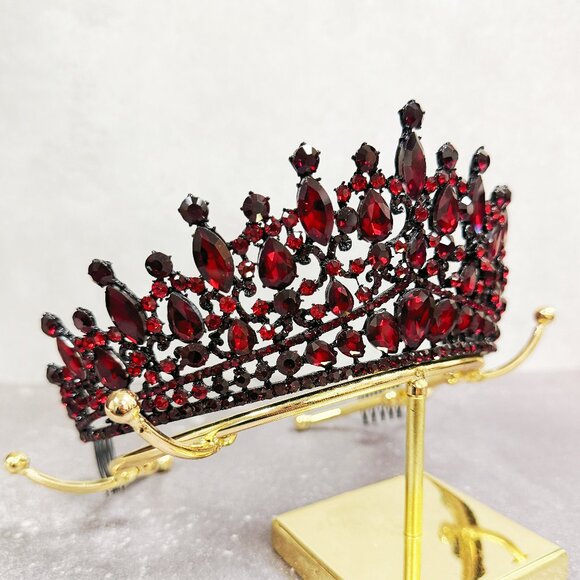 Red Crystal Tiara, Black comb tiara, vintage crystal crown, Prom hair jewelry